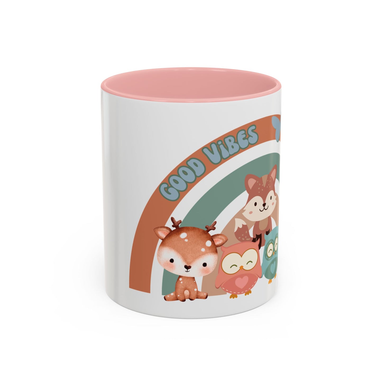 "Good Vibes with Friends" Accent Coffee or Tea Mug (11oz) with Pink Handle